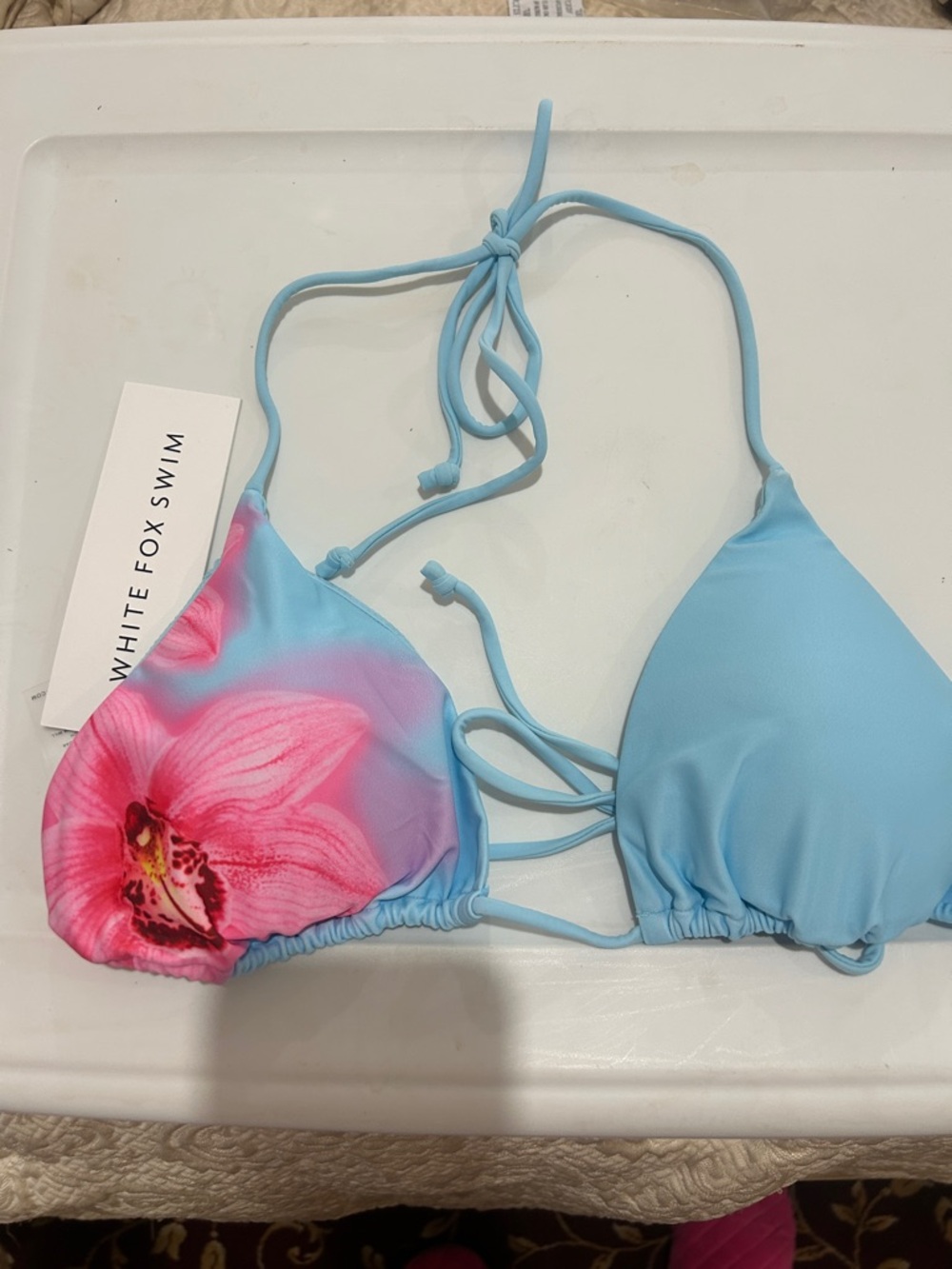 White Fox Boutique Blue Triangle Bikini Top with Pink Floral Accent
